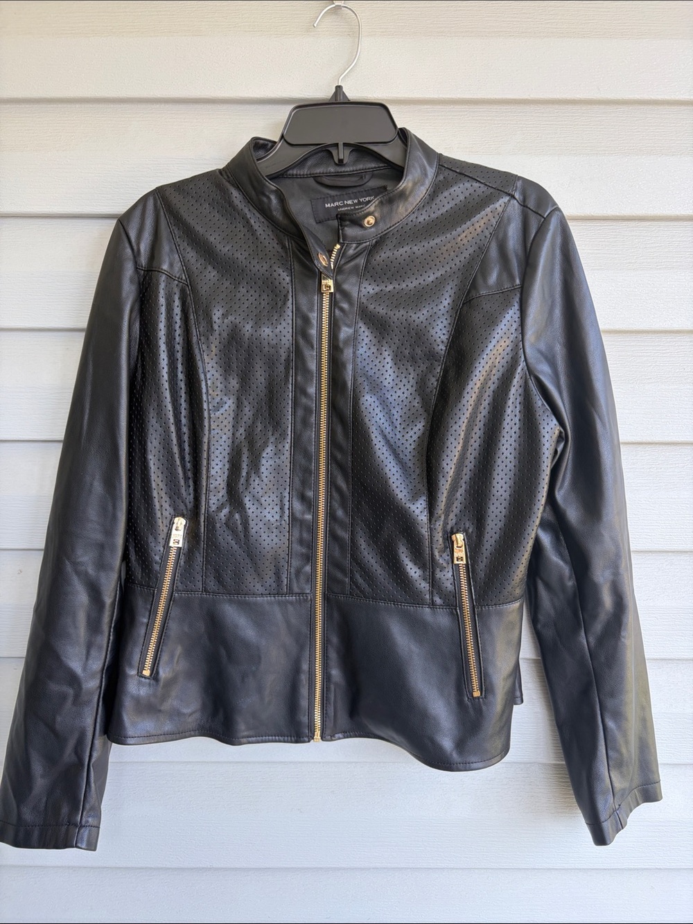 Marc New York Black Faux Leather Jacket with Gold Hardware